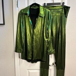 Terrell Dominic -Metallic Green Women's Button-Up Top & High-Waist Pants Set